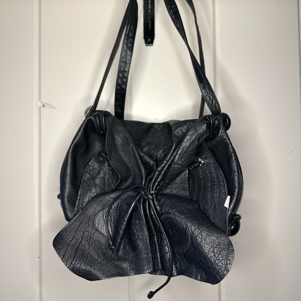 Vintage Carlos Falchi Black Leather Butterfly Style Cross Body Bag Made in USA